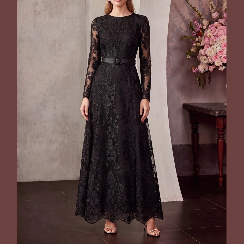 Black Floral Lace Long Sleeve Belted A-Line Maxi Dress